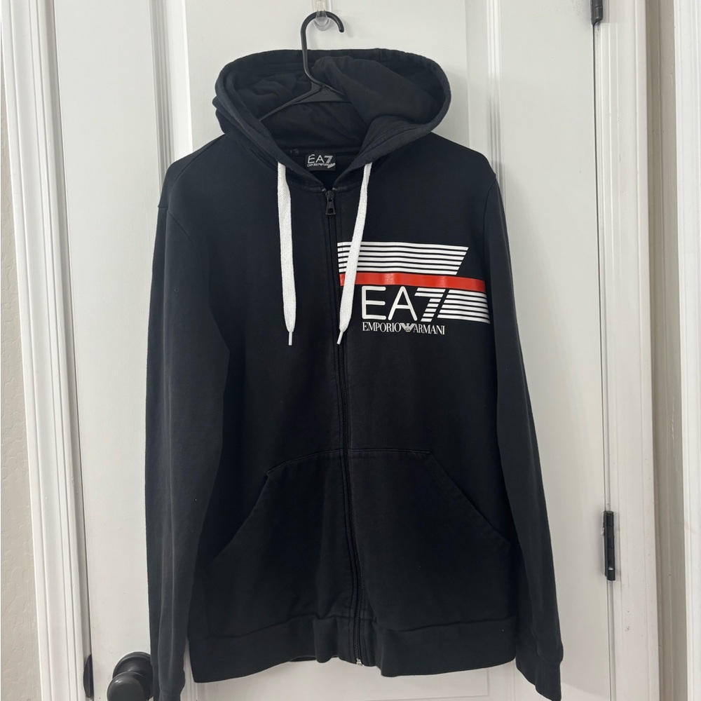 Emporio Armani Men's Black and Red Zip-Up Sweater - Picture 2 of 7
